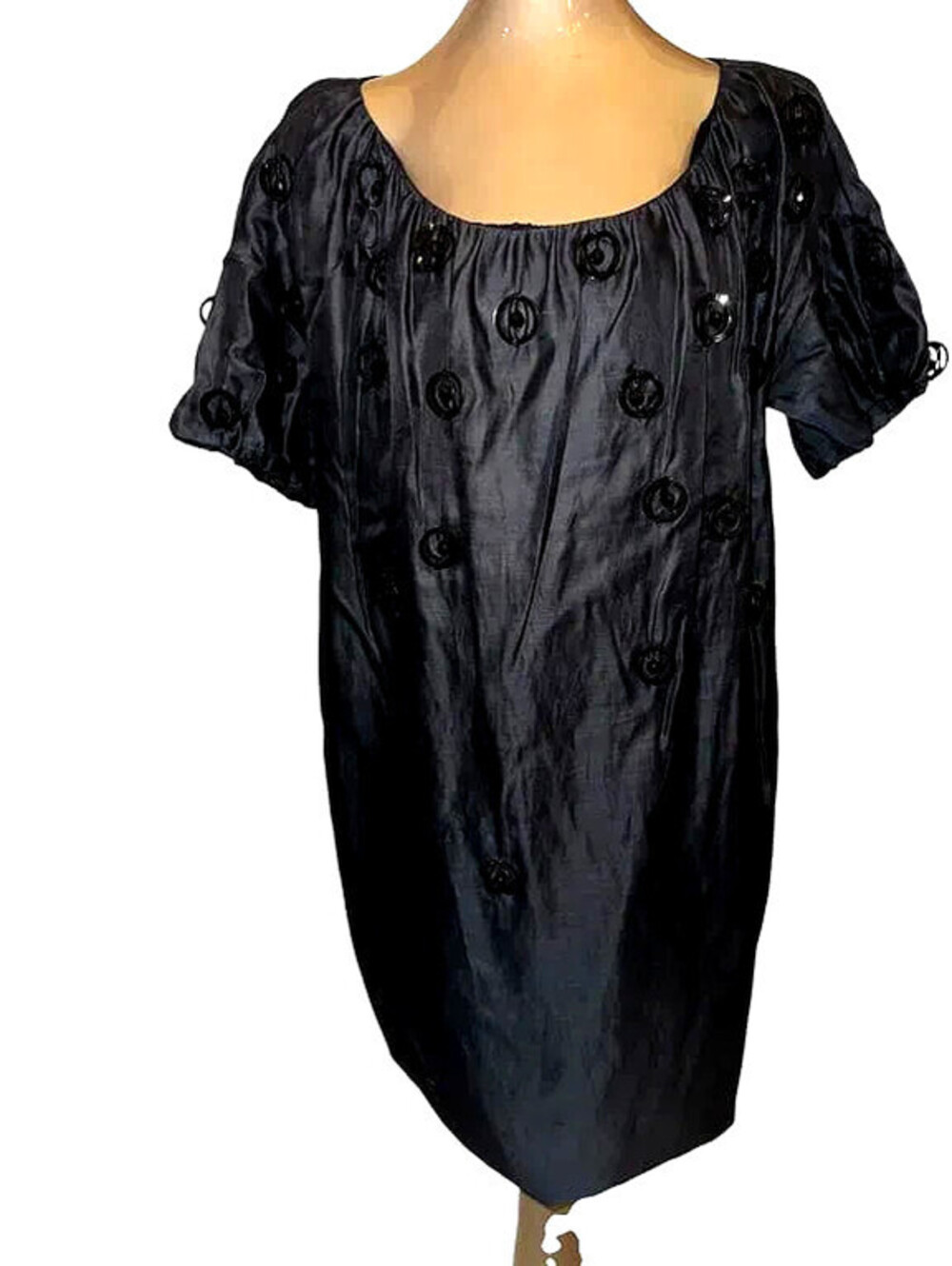 Black Short Sleeve Shift Dress with Embellished Floral Details
